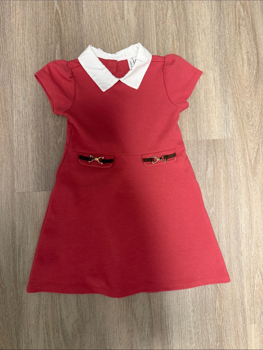 Janie and Jack Pink Dress with White Collar and Gold Buckle Accents